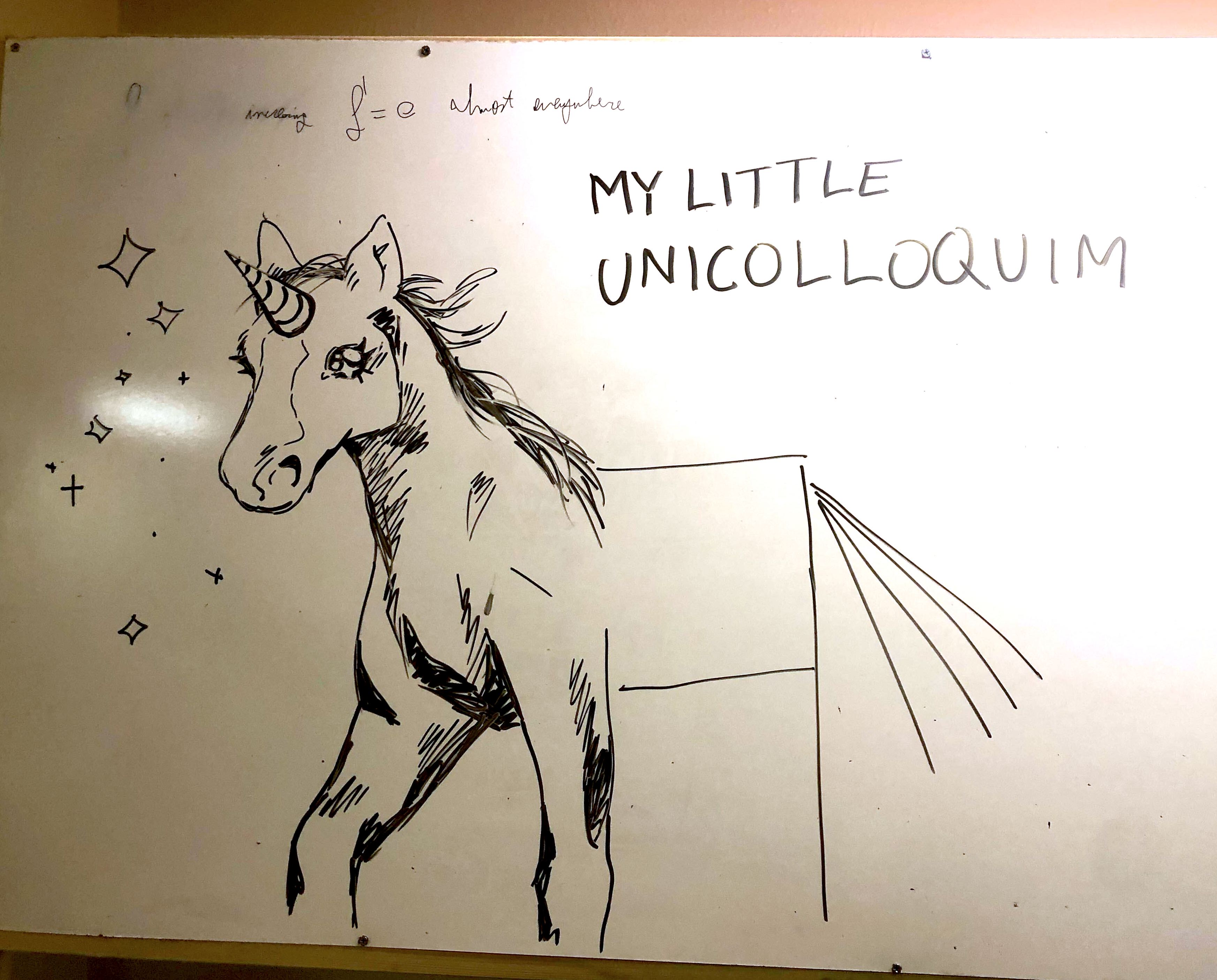 Photo of the whiteboard from the unicorn colloquium